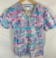 SB Scrubs Butterfly Short Sleeve Spring Summer Colorful Scrub Top Size XS