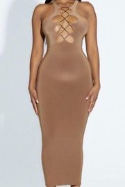 NWT Naked Wardrobe Case of the Lace Bodycon Shape wear Midi Dress in Brown Small