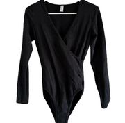 American Apparel Bodysuit Long Sleeve Faux Cross Wrap V Neck Black Medium