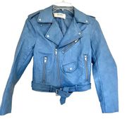 ZARA | Blogger Style Baby Blue Faux Vegan Leather Moto Biker jacket size XS