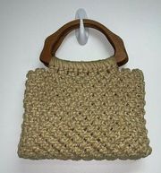 Vintage 70's Handmade Macrame Handbag Purse Tote Tan Boho Hippie Wood Handles