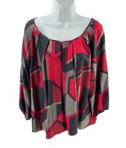 Anne Klein silk top blouse geometric print flowy Large pleated red gray grey bla