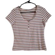 American Eagle  Striped Henley Button Hey Baby Tee Crop T-Shirt Multicolor Size M