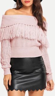 Cable Knit Off Shoulder Fringe Sweater 