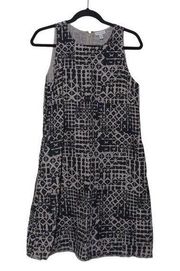 Garnet Hill Linen Fringe Hem A-Line Dress Black Beige Geometric Jewel Neck 6