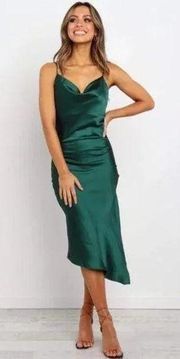 Petal & Pup Cyprus Emerald Green Satin Midi Asymmetrical Hem Dress 6