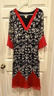 Jonathan Martin Black White Red Kimono Style Washable Silk Dress size 6