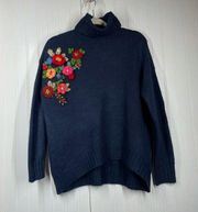 Lord & Taylor Women's Floral Print Navy Blue Turtle Neck Pullover Sweater XS