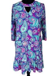 Sz M Simply Southern Pink & Blue Paisley Ruffle Shirt Dress