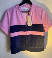 Juicy Couture Pink/Blue Colorblock Velour Short Sleeve Track Jacket Size L