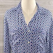 JUST LIVING Linen Blend Long Sleeve Button Down Blue Geometric Print-Medium