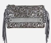 JUSTIN Leather Tooled Silver Clutch Bag with Frimge