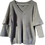 Skies Are Blue Tiered Bell Sleeve Sweater V Neck Rib Trim Pullover Gray Small