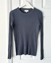 Bohme Grey Slate Blue Ribbed Crewneck Quiet Luxury Button Cuff Knit Sweater XL