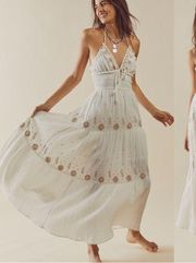 Free People Real Love Embroidered Maxi Halter Dress Ivory Medium Twirl Gypsy