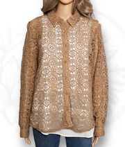 Ultra Pink Womens Crochet Open Lace Blouse Button Down Tan Size L