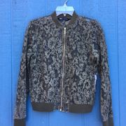 Zara Olive Green Lace Long Sleeve Zip Up Bomber Jacket Size XS