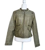 Blanc Noir Olive Green Faux Leather Womens Size L Full Zip Moto Jacket