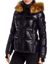 NWT Aqua Faux Fur Trim Gloss Puffer Jacket in Jet Black Size M New w/Tag $238