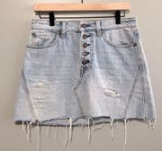 We The Free Distressed Denim Button Fly Mini Skirt Light Wash Size 28