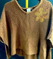 Sweater Cape Shrug Wrap Brown Wool Flower Accent One Size Poncho