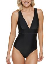 Tommy Hilfiger Solid BLACK Ruffled V-Neck Plunge One-Piece Swimsuit 18 NWT $98