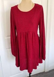 Max + Ash Knit Babydoll Mini Dress Womens Balloon Sleeve Round Neck Raisin Red M