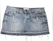 Maurices light wash, distressed, hem mini denim skirt,‎ button fly size 9/10