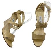 Jimmy Choo Fearne Nude Leather Sandal Patent Crisscross Wedge Sandals sz 37 1/2