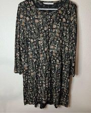 Peruvian Connection black floral Alpine Flower Tunic dress M