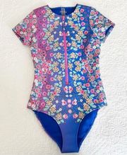 Johnny Was Blue Floral Neoprene Zip One Piece Swimsuit Size Small S NWOT