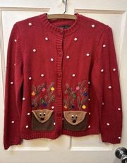Vintage Womens Christmas Cardigan Grandmacore Reindeer Red Funny Ugly Sweater