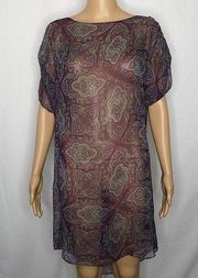 Ella Moss Silk Sheer Ruched Sleeve Boat Neck Mini Dress Paisley Boho Small