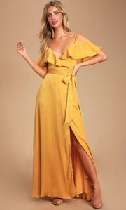 Lulus NWT  Moriah Mustard Yellow Satin Wrap Maxi Dress Gown Gold Large