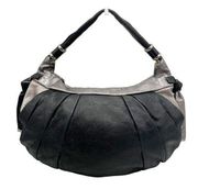 B. Makowsky Black Silver Pebbled Leather Pleated Hobo Bag Purse