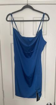 satin blue cowl neck dress