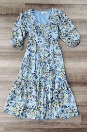 Nanette Lepore  Blue Floral Midi Dress Size 6 Button Front R1