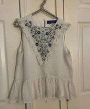 Swiss dot tank top with embroidery and ruffles