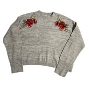 Wyld Hart M  Women’s Floral Embroidered Roses Crewneck Cropped Knit Sweater