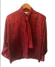 St John Red Tartan Print Long Sleeve Blouse 6 Red Tied Bow Career~Wear Dressy