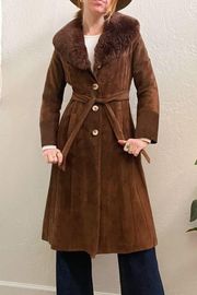 Vintage 1970's Brown Suede Fur Trim Belted Trench Coat