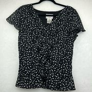 VINTAGE 90’s KARIN STEVENS BLACK & WHITE POLKA DOT BLOUSE CAP SLEEVES Sz 10P