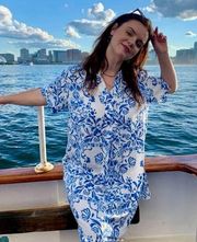 H&M Short Sleeve Viscose Tunic Dress or Swim Coverup Blue/White Print in XS