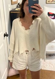 Cropped Distressed White Sweater