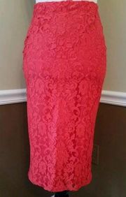 NEW BB Dakota Modcloth Bright Red Lace Overlay Midi Pencil Skirt Size 2