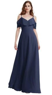 Bill Levkoff Chiffon V-front Bridesmaid Dress Full Length Gown Navy Blue 12