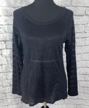 scoopneck hi low semi sheer knit patterned sweater black sz LG