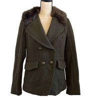 American Eagle Dark Green Fur Collar Fitted Button Front Pea Coat Jacket Medium