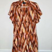 VICI  Mini Dress Boho Burnt Orange Ikat Design Flowy Short Sleeve