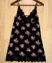 Black Floral Lace Trim Slip Dress